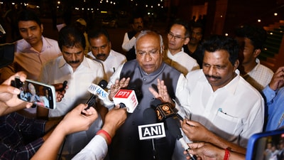 Congress president Mallikarjun Kharge speaks to the media at Parliament premises during the Budget session in New Delhi on Tuesday. (ANI) Congress president Mallikarjun Kharge speaks to the media at Parliament premises during the Budget session in New Delhi on Tuesday. (ANI)
