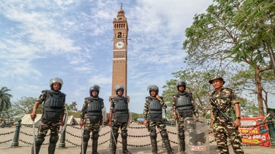 Security personnel stand guard as security is heightened on the day of the Waqf (Amendment) Bill's tabling in Parliament, in Lucknow on Wednesday. (ANI) Security personnel stand guard as security is heightened on the day of the Waqf (Amendment) Bill's tabling in Parliament, in Lucknow on Wednesday. (ANI)
