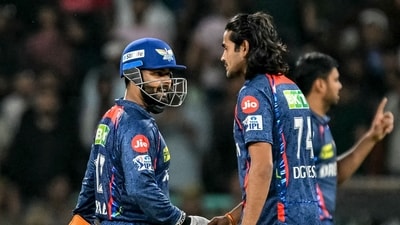 Lucknow Super Giants' Digvesh Rathi (C) celebrates with captain Rishabh Pant (L) after taking the wicket of Punjab Kings' Prabhsimran Singh (AFP) Lucknow Super Giants' Digvesh Rathi (C) celebrates with captain Rishabh Pant (L) after taking the wicket of Punjab Kings' Prabhsimran Singh (AFP)