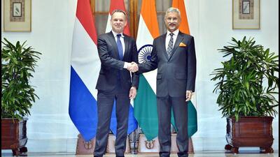 External affairs minister S Jaishankar with Netherlands foreign minister Caspar Veldkamp during a meeting, in New Delhi. (@DrSJaishankar)