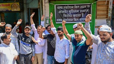 People stage a demonstration against the Waqf (Amendment) Bill in Ajmer, Rajasthan, on Wednesday, April 2, 2025. (PTI) People stage a demonstration against the Waqf (Amendment) Bill in Ajmer, Rajasthan, on Wednesday, April 2, 2025. (PTI)