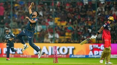 Mohammed Siraj took three wickets and conceded 19 runs and celebrated every scalp with his trademark vigour as he gave RCB a reminder of what they let go of before this season. His performance, along with a scintillating knock by Jos Buttler helped Gujarat Titans thrash the Royal Challengers Bengaluru by eight wickets in the latter's first home game of the season. (PTI) Mohammed Siraj took three wickets and conceded 19 runs and celebrated every scalp with his trademark vigour as he gave RCB a reminder of what they let go of before this season. His performance, along with a scintillating knock by Jos Buttler helped Gujarat Titans thrash the Royal Challengers Bengaluru by eight wickets in the latter's first home game of the season. (PTI)