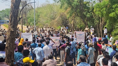 Police personnel stop a protest rally by students and University of Hyderabad Teachers Association (UHTA), against the state government's plans to develop the 400-acre land parcel bordering the varsity land, in Hyderabad. (PTI) Police personnel stop a protest rally by students and University of Hyderabad Teachers Association (UHTA), against the state government's plans to develop the 400-acre land parcel bordering the varsity land, in Hyderabad. (PTI)