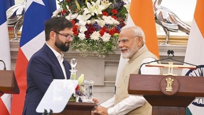 Prime Minister Narendra Modi and President of Chile Gabriel Boric at a joint press conference at Hyderabad House in New Delhi on April 1. (Hindustan Times/Sanjeev Verma) Prime Minister Narendra Modi and President of Chile Gabriel Boric at a joint press conference at Hyderabad House in New Delhi on April 1. (Hindustan Times/Sanjeev Verma)