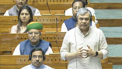 Railway minister Ashwini Vaishnaw speaks in the Lok Sabha on Wednesday. (Sansad TV) Railway minister Ashwini Vaishnaw speaks in the Lok Sabha on Wednesday. (Sansad TV)