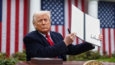 Donald Trump referenced Lee Iacocca during his reciprocal tariffs announcement. (Bloomberg) Donald Trump referenced Lee Iacocca during his reciprocal tariffs announcement. (Bloomberg)