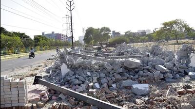 The demolished under-construction material recovery facility in Vasundhara Sector 8 on Wednesday. (Sakib Ali/HT Photo) The demolished under-construction material recovery facility in Vasundhara Sector 8 on Wednesday. (Sakib Ali/HT Photo)
