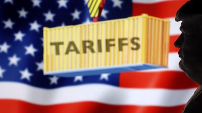 A 3D-printed miniature model of U.S. President Donald Trump, U.S. Flag and word "Tariffs" are seen in this illustration taken, April 2, 2025. (REUTERS)