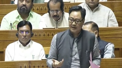 Kiren Rijiju during debate on Waqf Bill in Lok Sabha on Wednesday. (Sansad TV)