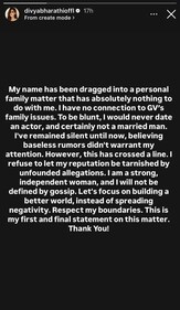 Divyabharthi's statement on dating rumours with GV Prakash Kumar. Divyabharthi's statement on dating rumours with GV Prakash Kumar.