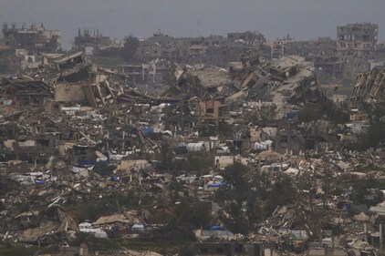 Buildings that were destroyed during the Israeli ground and air operations stand in northern of Gaza Strip as seen from southern Israel, Tuesday, April 1, 2025. (AP)