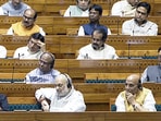 Defence Minister Rajnath Singh, Union Home Minister Amit Shah, Union Minister Nitin Gadkari and others in the Lok Sabha during a discussion on the Waqf amendment bill. Defence Minister Rajnath Singh, Union Home Minister Amit Shah, Union Minister Nitin Gadkari and others in the Lok Sabha during a discussion on the Waqf amendment bill.