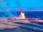 This photo taken from video distributed by Russian Defense Ministry Press Service on Friday, March 28, 2025, shows what it says is a blaze at a gas metering station in Sudzha after a Ukrainian strike in the Kursk region of Russia. 