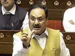 Leader of House in Rajya Sabha JP Nadda speaks in the house during the Budget session of Parliament, in New Delhi on Thursday. 
