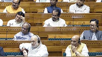 Defence Minister Rajnath Singh, Union Home Minister Amit Shah, Union Minister Nitin Gadkari and others in the Lok Sabha during a discussion on the Waqf amendment bill. (Sansad TV)