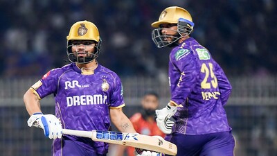 Venkatesh Iyer (60) and Angkrish Raghuvanshi (50) got half-centuries for KKR. ( Surjeet Yadav) Venkatesh Iyer (60) and Angkrish Raghuvanshi (50) got half-centuries for KKR. ( Surjeet Yadav)