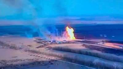 This photo taken from video distributed by Russian Defense Ministry Press Service on Friday, March 28, 2025, shows what it says is a blaze at a gas metering station in Sudzha after a Ukrainian strike in the Kursk region of Russia. (AP) This photo taken from video distributed by Russian Defense Ministry Press Service on Friday, March 28, 2025, shows what it says is a blaze at a gas metering station in Sudzha after a Ukrainian strike in the Kursk region of Russia. (AP)