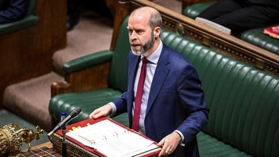 Britain's Business, Energy and Industrial Strategy Secretary Jonathan Reynolds made a statement on UK-US trade and tariffs, in the House of Commons in London on April 3, 2025. More than four years after the UK's withdrawal from the European Union became effective, Britain has escaped harsher US tariffs, facing only half of the 20 percent imposed on its EU neighbours. London had a cautious response to the 10 percent tariffs. (AFP) Britain's Business, Energy and Industrial Strategy Secretary Jonathan Reynolds made a statement on UK-US trade and tariffs, in the House of Commons in London on April 3, 2025. More than four years after the UK's withdrawal from the European Union became effective, Britain has escaped harsher US tariffs, facing only half of the 20 percent imposed on its EU neighbours. London had a cautious response to the 10 percent tariffs. (AFP)