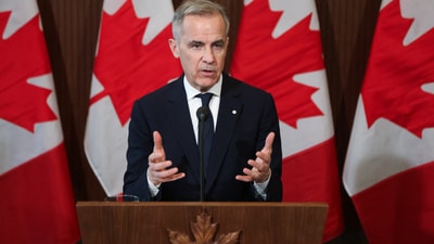 Canada's Prime Minister Mark Carney speaks about tariffs at a press conference on Parliament Hill in Ottawa, Ontario, on Thursday. In a sharp response to US President Donald Trump's newly imposed 'reciprocal' tariffs, Canada announced that it would impose a 25 percent tariff on some US auto imports. Prime Minister Mark Carney confirmed that 25 percent tariffs will be levied on all vehicles imported from the United States that are not compliant with CUSMA. (REUTERS)