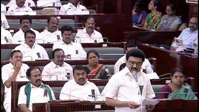 Chief minister MK Stalin along with DMK MLAs and legislators of its allies wore black badges in the assembly on Thursday to protest the passing of the waqf bill in the Lok Sabha. (MK Stalin/X)