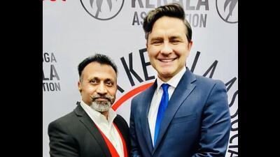 Don Patel (left), who was dropped as a candidate by the Conservative Party on Wednesday, with its leader Pierre Poilievre in December 2023. (Don Patel/X)