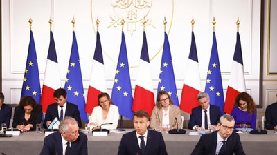 French President Emmanuel Macron, center, Prime Minister Francois Bayrou, left,and Presidency General Secretary Alexis Kohler attend a meeting with representatives of the sectors affected by new tariffs announced by President Donald Trump at the Elysee Palace in Paris on Thursday. Macron called on the EU companies to stop their investments in the US. (AP) French President Emmanuel Macron, center, Prime Minister Francois Bayrou, left,and Presidency General Secretary Alexis Kohler attend a meeting with representatives of the sectors affected by new tariffs announced by President Donald Trump at the Elysee Palace in Paris on Thursday. Macron called on the EU companies to stop their investments in the US. (AP)