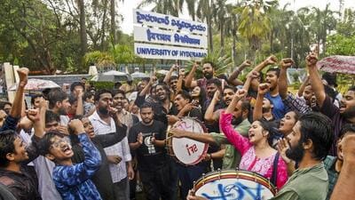 Hyderabad: Students of the University of Hyderabad celebrate after the Supreme Court halted the felling of trees in 400 acres of forested land in the Kancha Gachibowli area, in Hyderabad, Thursday, April 3, 2025. (PTI Photo)(PTI04_03_2025_000546B) (PTI) Hyderabad: Students of the University of Hyderabad celebrate after the Supreme Court halted the felling of trees in 400 acres of forested land in the Kancha Gachibowli area, in Hyderabad, Thursday, April 3, 2025. (PTI Photo)(PTI04_03_2025_000546B) (PTI)