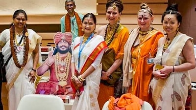 Representatives of the so-called "United States of Kailasa", founded by fugitive godman Nithyananda at the UN Human Rights office in Geneva. (File) (File Photo) Representatives of the so-called "United States of Kailasa", founded by fugitive godman Nithyananda at the UN Human Rights office in Geneva. (File) (File Photo)