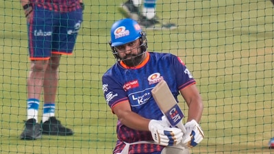 Rohit Sharma bats in the nets during a practice session ahead of an Indian Premier League (IPL) 2025 cricket match between Mumbai Indians and Lucknow Super Giants (PTI) Rohit Sharma bats in the nets during a practice session ahead of an Indian Premier League (IPL) 2025 cricket match between Mumbai Indians and Lucknow Super Giants (PTI)