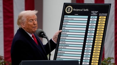 US President Donald Trump holds a reciprocal tariffs poster during a tariff announcement in the Rose Garden of the White House in Washington, DC, US, on Wednesday, April 2, 2025. Trump is imposing tariffs on US trading partners worldwide, his biggest assault yet on a global economic system he has long bemoaned as unfair. (Bloomberg) US President Donald Trump holds a reciprocal tariffs poster during a tariff announcement in the Rose Garden of the White House in Washington, DC, US, on Wednesday, April 2, 2025. Trump is imposing tariffs on US trading partners worldwide, his biggest assault yet on a global economic system he has long bemoaned as unfair. (Bloomberg)