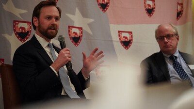 Andrew Ferguson, Commissioner of the Federal Trade Commission, speaks during a fireside chat with Adrian Vermeule, of Harvard Law School, at Harvard University's second annual Conservative and Republican Student Conference 2025. (REUTERS/FILE)