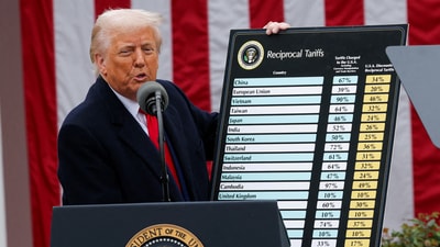 Markets today LIVE: US President Donald Trump delivers remarks on tariffs in the Rose Garden at the White House in Washington on April 2. (REUTERS)