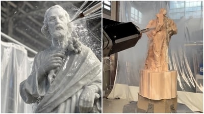 Monumental Labs' AI robot carves marble statues. Monumental Labs' AI robot carves marble statues.