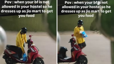 A viral video features a boyfriend pretending to be a delivery agent to bring food to his girlfriend at her hostel. (Instagram/yaplof) A viral video features a boyfriend pretending to be a delivery agent to bring food to his girlfriend at her hostel. (Instagram/yaplof)