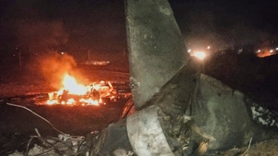 Wreckage at site after an Indian Air Force Jaguar fighter jet crashed while on a training mission. (PTI) Wreckage at site after an Indian Air Force Jaguar fighter jet crashed while on a training mission. (PTI)