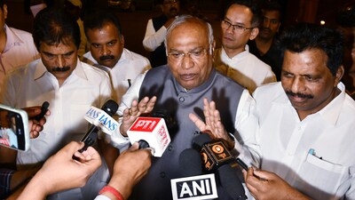 Congress president Mallikarjun Kharge speaks to the media at Parliament premises during the Budget session, in New Delhi on Tuesday. (ANI)