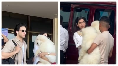 Vedang Raina and Khushi Kapoor were spotted at Jamnagar airport with her dogs. Vedang Raina and Khushi Kapoor were spotted at Jamnagar airport with her dogs.