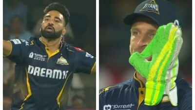 Jos Buttler's reaction after dropping Phil Salt off Mohammed Siraj. Jos Buttler's reaction after dropping Phil Salt off Mohammed Siraj.