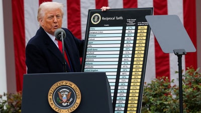 US President Donald Trump delivers remarks on tariffs in the Rose Garden at the White House in Washington on April 2 (REUTERS)