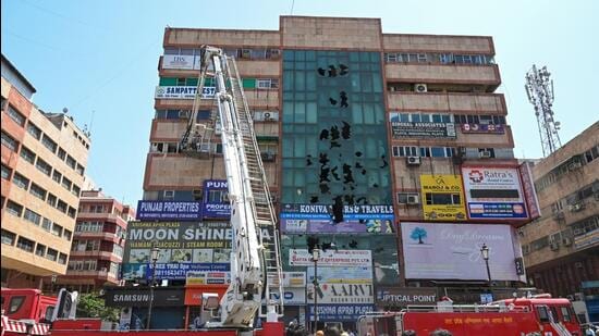 Krishna Apra Plaza in Noida’s Sector 18 has nearly 100 office spaces, about half of which are occupied. (Sunil Ghosh/HT Photo)