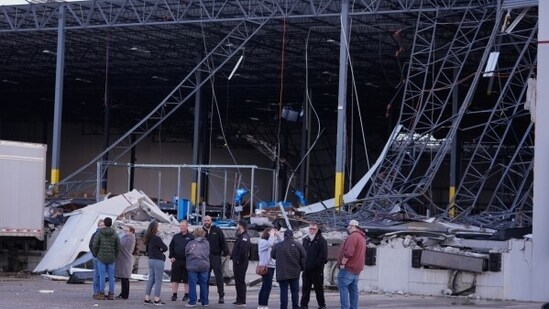 In Owasso, Oklahoma, a violent storm struck early in the morning on April 2, shattering roofs and bringing down trees, fences, and power lines off 96th Street North close to Garnett Road. (AP )