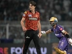 Kolkata Knight Riders' captain Ajinkya Rahane (R) runs between the wickets past Sunrisers Hyderabad's captain Pat Cummins during the Indian Premier League (IPL) Kolkata Knight Riders' captain Ajinkya Rahane (R) runs between the wickets past Sunrisers Hyderabad's captain Pat Cummins during the Indian Premier League (IPL)