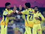 Chennai Super Kings' Matheesha Pathirana celebrates with teammates