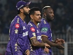 Andre Russell, Sunil Narine and Venkatesh Iyer of Kolkata Knight Riders (KKR) in action against Sunrisers Hyderabad
