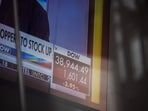 A screen displaying Dow information at the Nasdaq MarketSite in New York, US, on Friday, April 4, 2025.