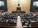 The House dispersed at 4 am to reconvene at 11 am on the same day, which was described as a "rare occasion" by Jagdeep Dhankar before adjourning the session. in pic: Proceedings of Rajya Sabha underway during the Budget Session. 