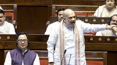 Union home minister Amit Shah speaks in the Rajya Sabha during the Budget session of Parliament, in New Delhi on Thursday. (Sansad Tv)