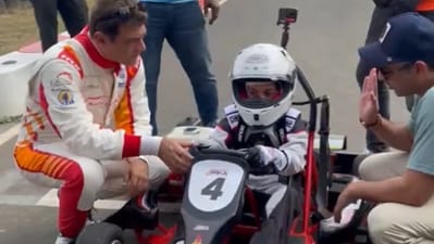 Ajith Kumar with his son Aadvik at a professional race track in Chennai. Ajith Kumar with his son Aadvik at a professional race track in Chennai.