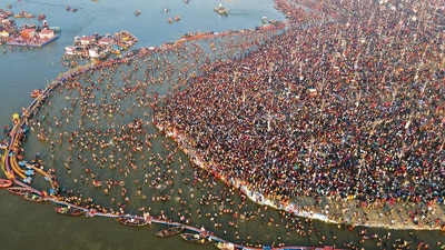 An aerial view of the Sangam area showing thousands of devotees gathering for the Maghi Purnima sacred bath during the ongoing Mahakumbh Mela 2025, in Prayagraj on February 12, 2025. (File) An aerial view of the Sangam area showing thousands of devotees gathering for the Maghi Purnima sacred bath during the ongoing Mahakumbh Mela 2025, in Prayagraj on February 12, 2025. (File)