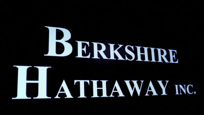 Berkshire Hathaway logo is displayed on a screen on the floor of the New York Stock Exchange in New York City, U.S., May 10, 2023. (Brendan McDermid/Reuters)